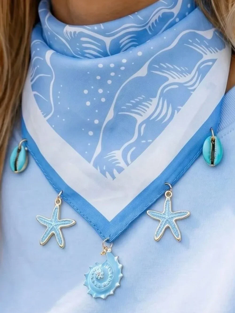 💙 Blue Ocean Shell Charm Bandana ⭐🐚 Coastal Headscarf Scarf